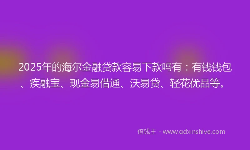 2025年的海尔金融贷款容易下款吗有：有钱钱包、疾融宝、现金易借通、沃易贷、轻花优品等。