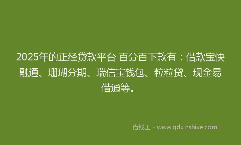 2025年的正经贷款平台 百分百下款有：借款宝快融通、珊瑚分期、瑞信宝钱包、粒粒贷、现金易借通等。