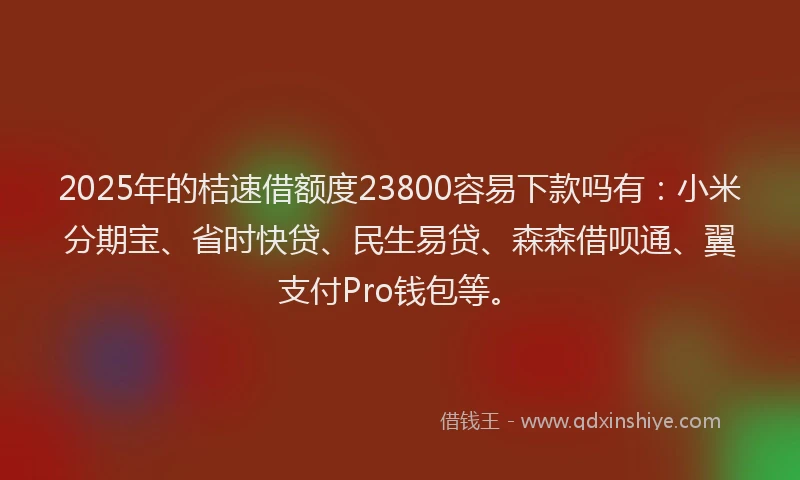 2025年的桔速借额度23800容易下款吗有：小米分期宝、省时快贷、民生易贷、森森借呗通、翼支付Pro钱包等。