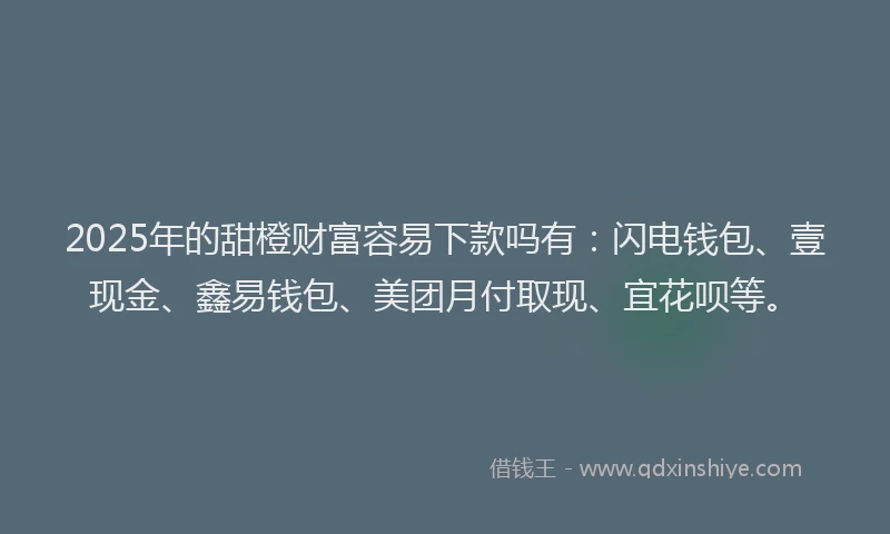 2025年的甜橙财富容易下款吗有：闪电钱包、壹现金、鑫易钱包、美团月付取现、宜花呗等。