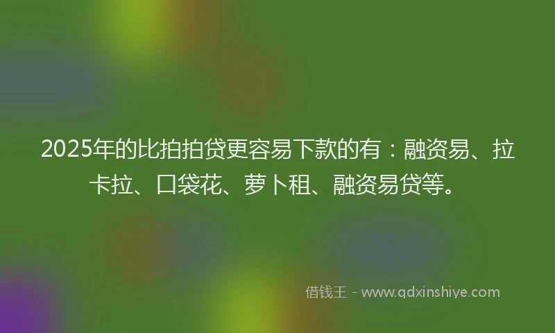 2025年的比拍拍贷更容易下款的有：融资易、拉卡拉、口袋花、萝卜租、融资易贷等。