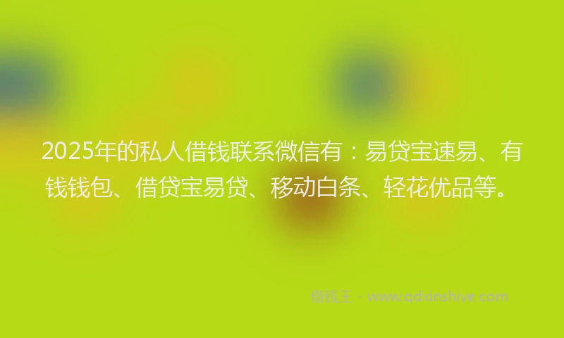 2025年的私人借钱联系微信有：易贷宝速易、有钱钱包、借贷宝易贷、移动白条、轻花优品等。