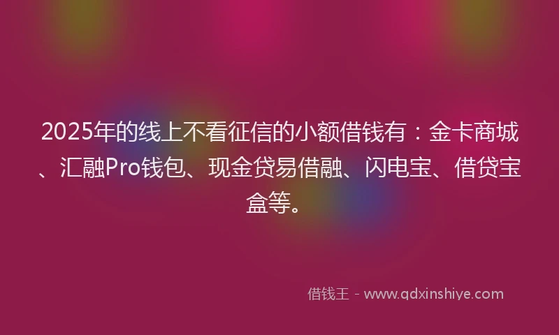 2025年的线上不看征信的小额借钱有：金卡商城、汇融Pro钱包、现金贷易借融、闪电宝、借贷宝盒等。