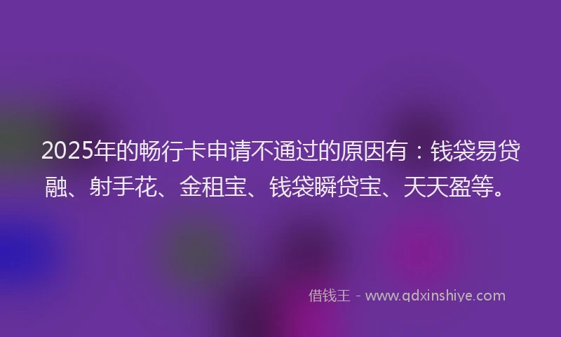 2025年的畅行卡申请不通过的原因有：钱袋易贷融、射手花、金租宝、钱袋瞬贷宝、天天盈等。