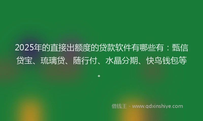 2025年的直接出额度的贷款软件有哪些有：甄信贷宝、琉璃贷、随行付、水晶分期、快鸟钱包等。
