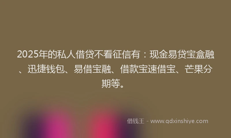 2025年的私人借贷不看征信有：现金易贷宝盒融、迅捷钱包、易借宝融、借款宝速借宝、芒果分期等。