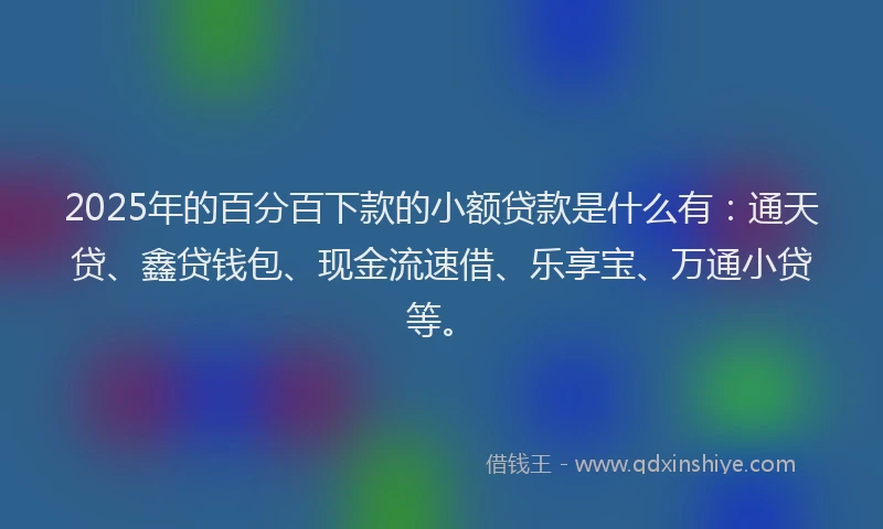 2025年的百分百下款的小额贷款是什么有：通天贷、鑫贷钱包、现金流速借、乐享宝、万通小贷等。