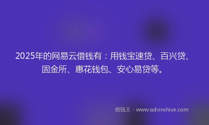 2025年的网易云借钱有：用钱宝速贷、百兴贷、固金所、惠花钱包、安心易贷等。