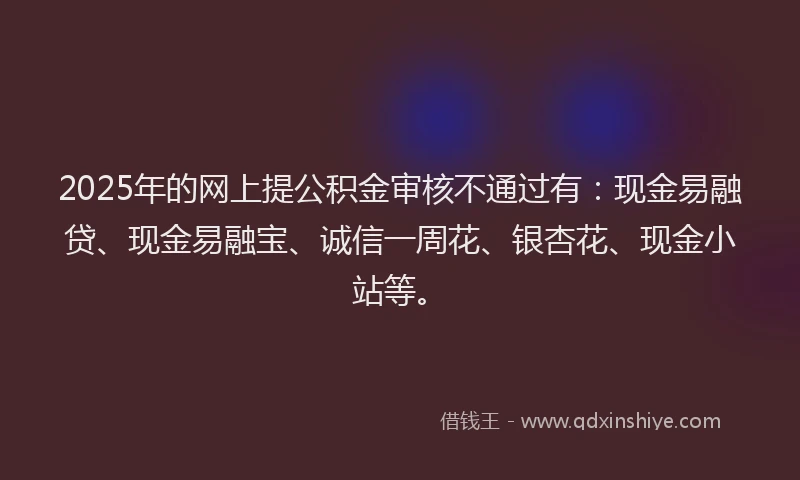 2025年的网上提公积金审核不通过有：现金易融贷、现金易融宝、诚信一周花、银杏花、现金小站等。