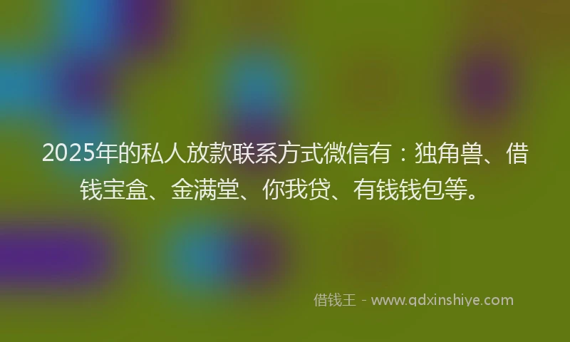 2025年的私人放款联系方式微信有：独角兽、借钱宝盒、金满堂、你我贷、有钱钱包等。