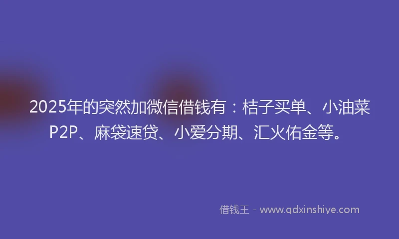 2025年的突然加微信借钱有：桔子买单、小油菜P2P、麻袋速贷、小爱分期、汇火佑金等。