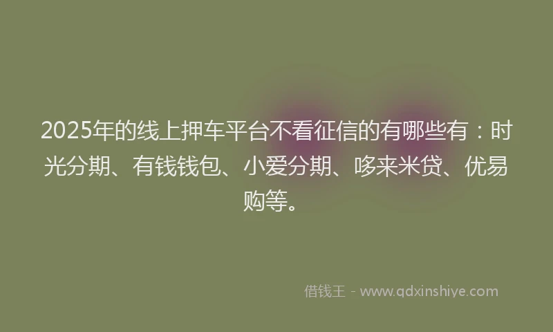 2025年的线上押车平台不看征信的有哪些有：时光分期、有钱钱包、小爱分期、哆来米贷、优易购等。