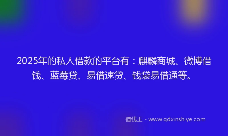 2025年的私人借款的平台有：麒麟商城、微博借钱、蓝莓贷、易借速贷、钱袋易借通等。
