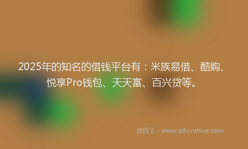 2025年的知名的借钱平台有：米族易借、酷购、悦享Pro钱包、天天富、百兴贷等。