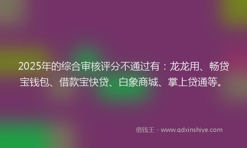 2025年的综合审核评分不通过有：龙龙用、畅贷宝钱包、借款宝快贷、白象商城、掌上贷通等。