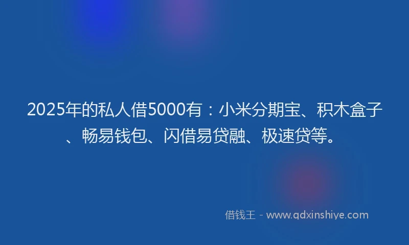 2025年的私人借5000有：小米分期宝、积木盒子、畅易钱包、闪借易贷融、极速贷等。