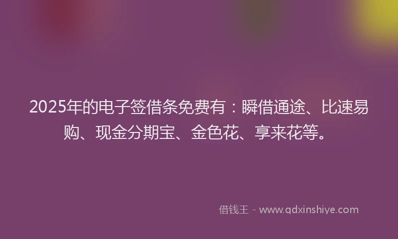 2025年的电子签借条免费有：瞬借通途、比速易购、现金分期宝、金色花、享来花等。