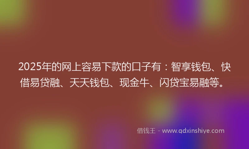 2025年的网上容易下款的口子有：智享钱包、快借易贷融、天天钱包、现金牛、闪贷宝易融等。
