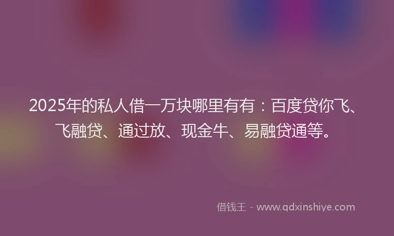 2025年的私人借一万块哪里有有：百度贷你飞、飞融贷、通过放、现金牛、易融贷通等。