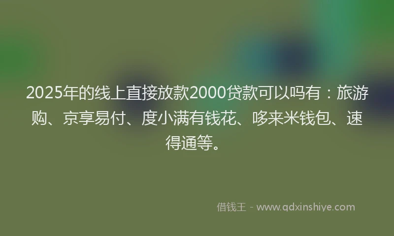 2025年的线上直接放款2000贷款可以吗有：旅游购、京享易付、度小满有钱花、哆来米钱包、速得通等。