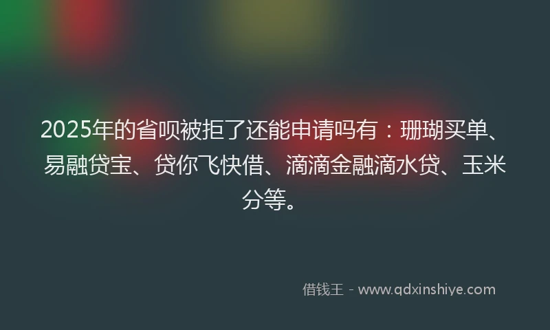 2025年的省呗被拒了还能申请吗有：珊瑚买单、易融贷宝、贷你飞快借、滴滴金融滴水贷、玉米分等。