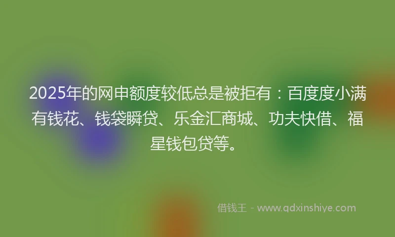 2025年的网申额度较低总是被拒有：百度度小满有钱花、钱袋瞬贷、乐金汇商城、功夫快借、福星钱包贷等。