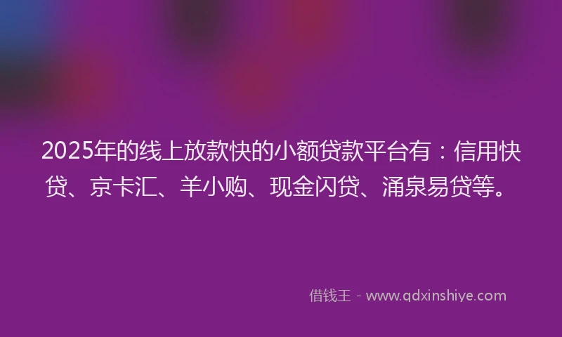 2025年的线上放款快的小额贷款平台有：信用快贷、京卡汇、羊小购、现金闪贷、涌泉易贷等。
