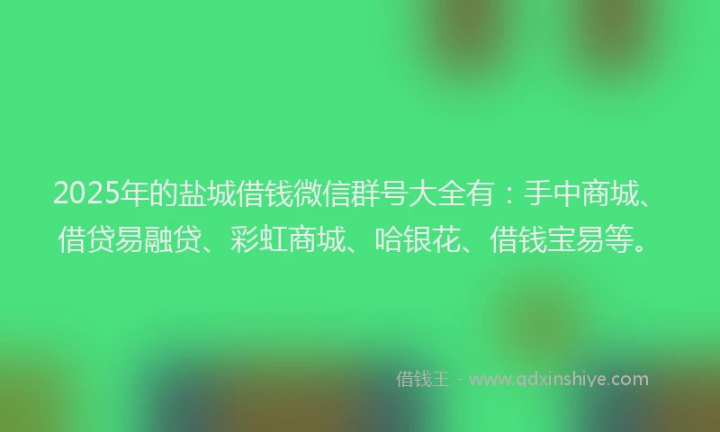 2025年的盐城借钱微信群号大全有：手中商城、借贷易融贷、彩虹商城、哈银花、借钱宝易等。