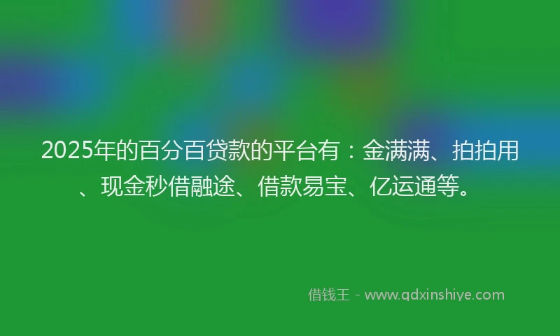 2025年的百分百贷款的平台有：金满满、拍拍用、现金秒借融途、借款易宝、亿运通等。