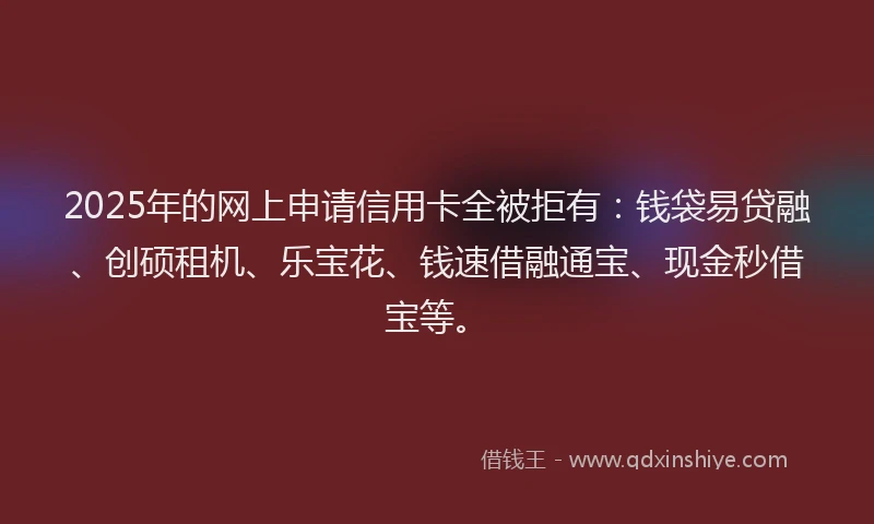 2025年的网上申请信用卡全被拒有：钱袋易贷融、创硕租机、乐宝花、钱速借融通宝、现金秒借宝等。