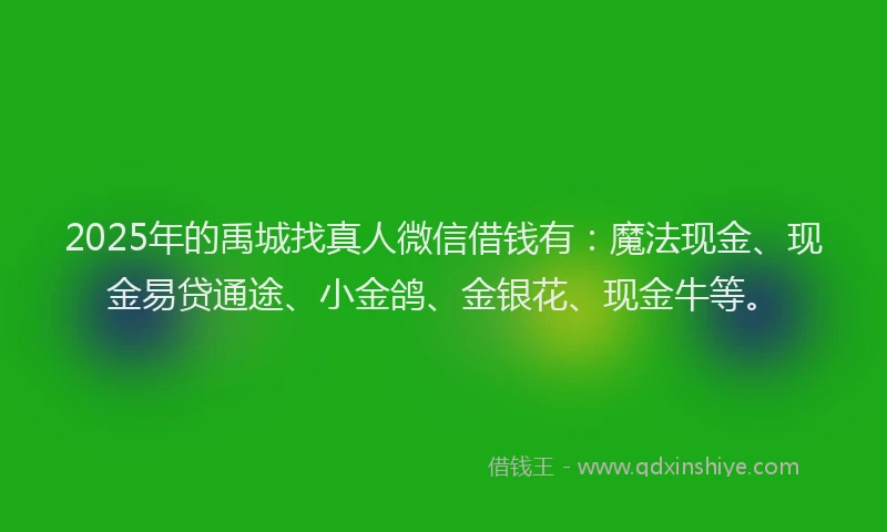 2025年的禹城找真人微信借钱有：魔法现金、现金易贷通途、小金鸽、金银花、现金牛等。