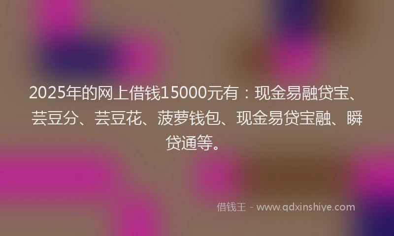 2025年的网上借钱15000元有：现金易融贷宝、芸豆分、芸豆花、菠萝钱包、现金易贷宝融、瞬贷通等。