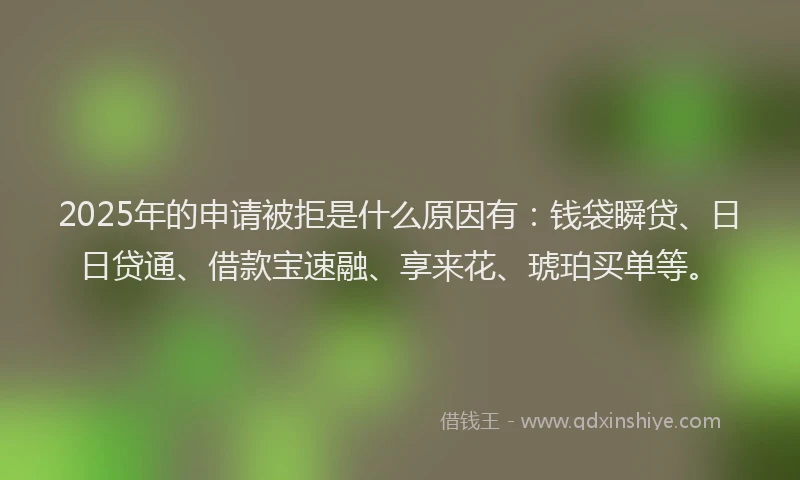 2025年的申请被拒是什么原因有：钱袋瞬贷、日日贷通、借款宝速融、享来花、琥珀买单等。