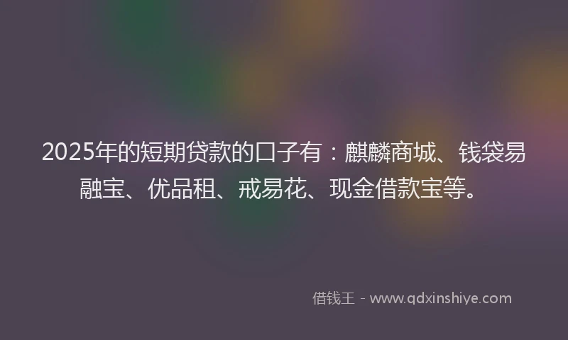 2025年的短期贷款的口子有：麒麟商城、钱袋易融宝、优品租、戒易花、现金借款宝等。