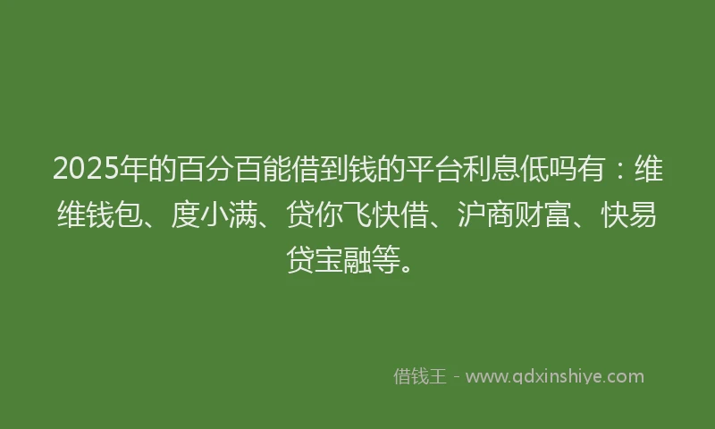 2025年的百分百能借到钱的平台利息低吗有：维维钱包、度小满、贷你飞快借、沪商财富、快易贷宝融等。
