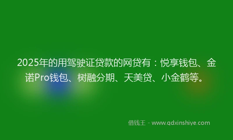 2025年的用驾驶证贷款的网贷有：悦享钱包、金诺Pro钱包、树融分期、天美贷、小金鹤等。