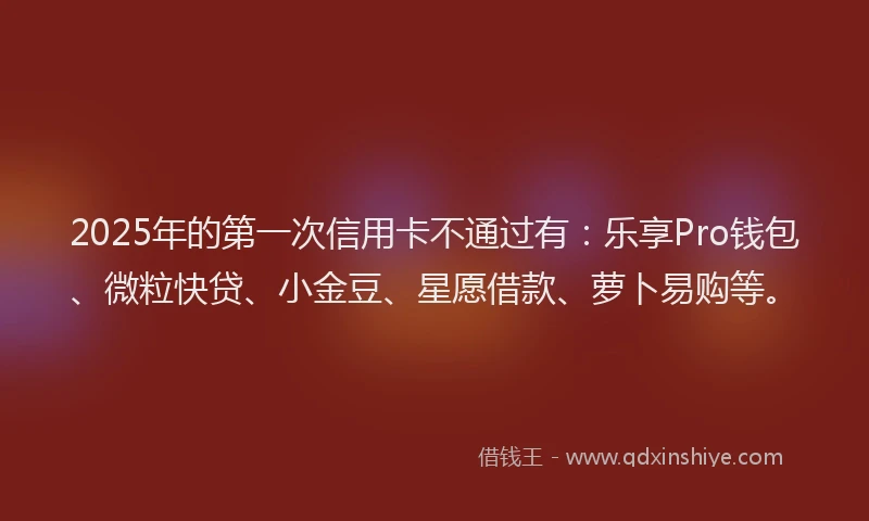 2025年的第一次信用卡不通过有：乐享Pro钱包、微粒快贷、小金豆、星愿借款、萝卜易购等。