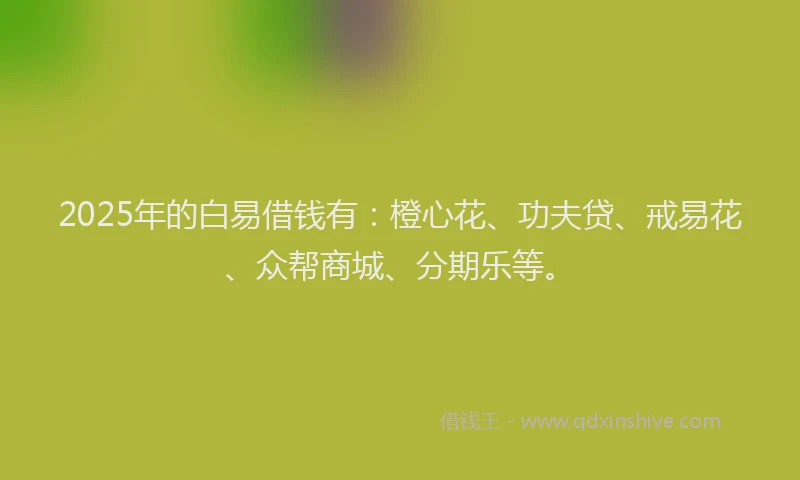 2025年的白易借钱有：橙心花、功夫贷、戒易花、众帮商城、分期乐等。
