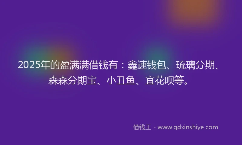2025年的盈满满借钱有：鑫速钱包、琉璃分期、森森分期宝、小丑鱼、宜花呗等。
