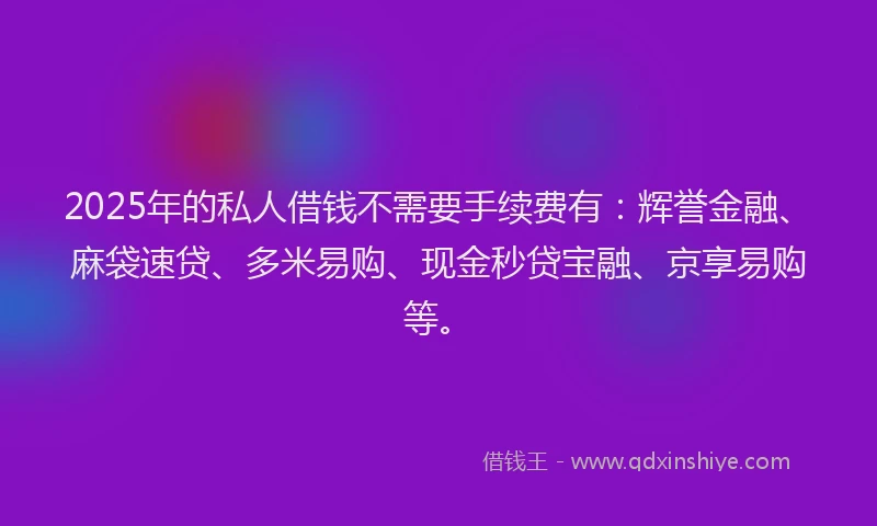 2025年的私人借钱不需要手续费有：辉誉金融、麻袋速贷、多米易购、现金秒贷宝融、京享易购等。