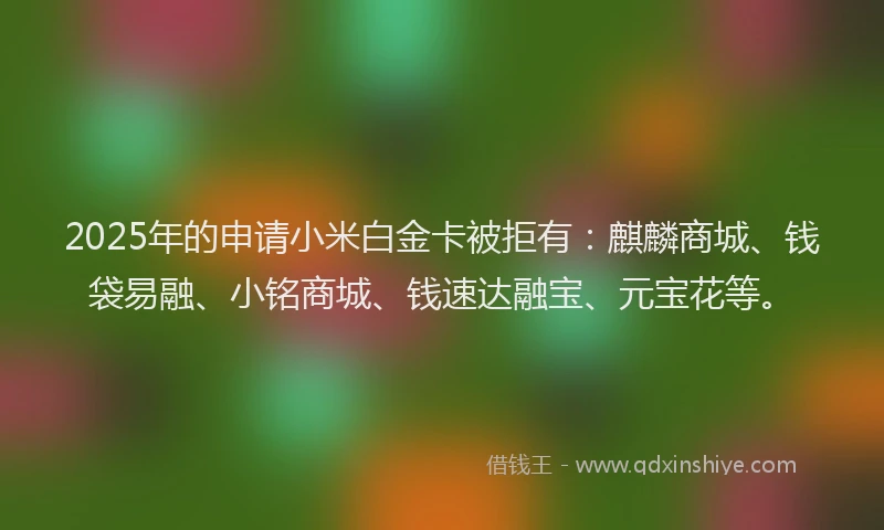 2025年的申请小米白金卡被拒有：麒麟商城、钱袋易融、小铭商城、钱速达融宝、元宝花等。