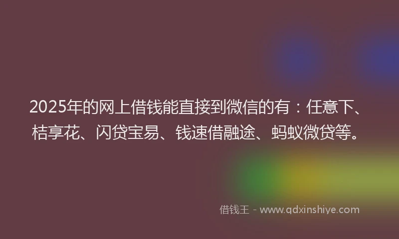 2025年的网上借钱能直接到微信的有：任意下、桔享花、闪贷宝易、钱速借融途、蚂蚁微贷等。