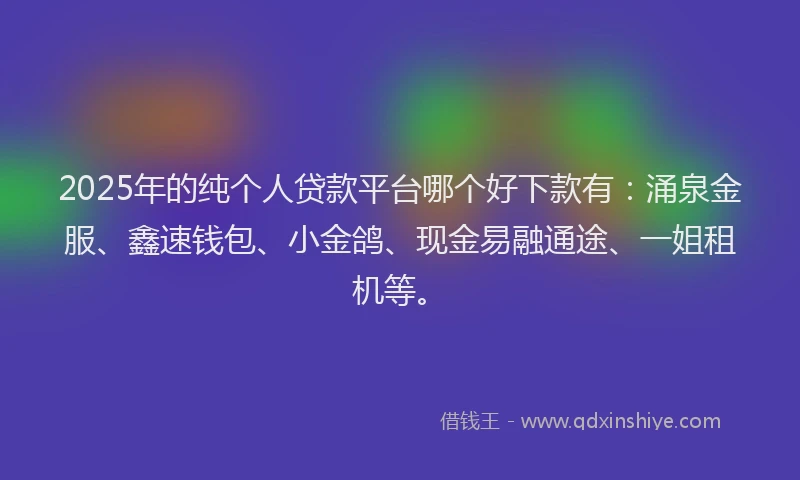 2025年的纯个人贷款平台哪个好下款有：涌泉金服、鑫速钱包、小金鸽、现金易融通途、一姐租机等。