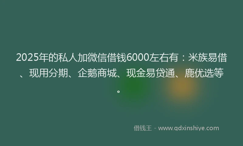 2025年的私人加微信借钱6000左右有：米族易借、现用分期、企鹅商城、现金易贷通、鹿优选等。