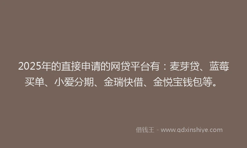 2025年的直接申请的网贷平台有：麦芽贷、蓝莓买单、小爱分期、金瑞快借、金悦宝钱包等。