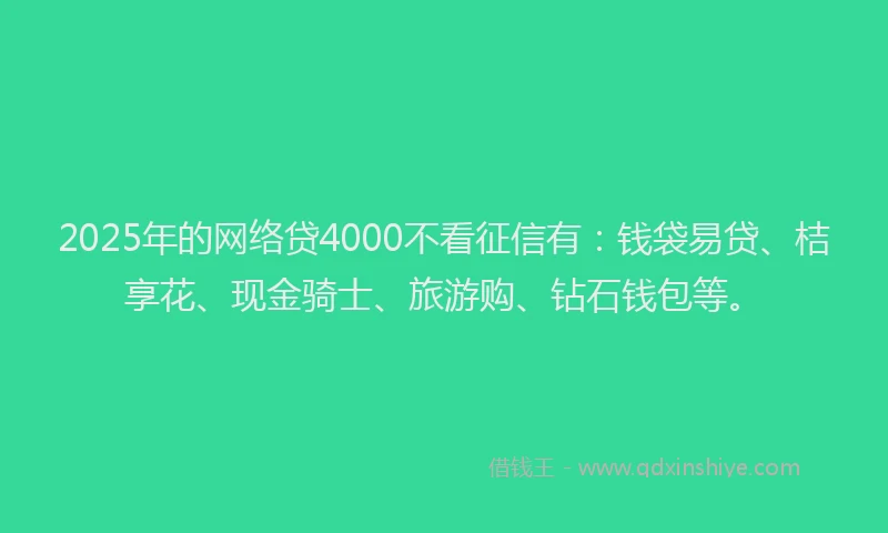 2025年的网络贷4000不看征信有：钱袋易贷、桔享花、现金骑士、旅游购、钻石钱包等。