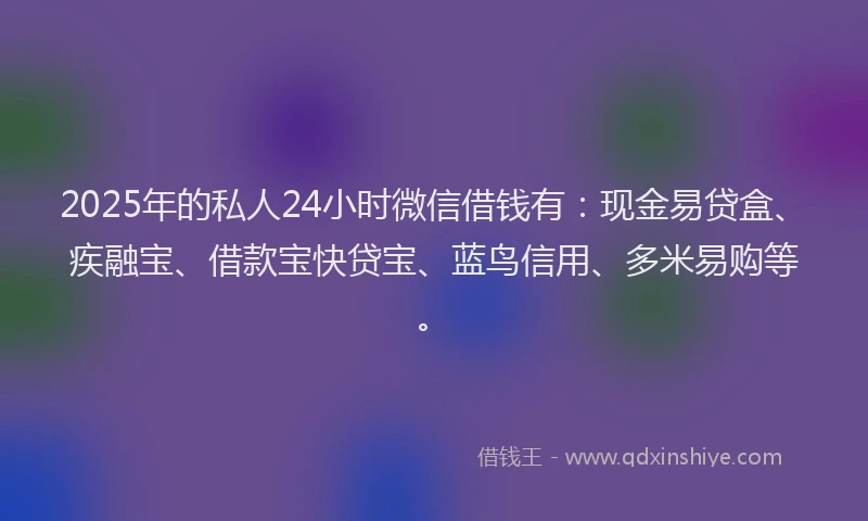 2025年的私人24小时微信借钱有：现金易贷盒、疾融宝、借款宝快贷宝、蓝鸟信用、多米易购等。