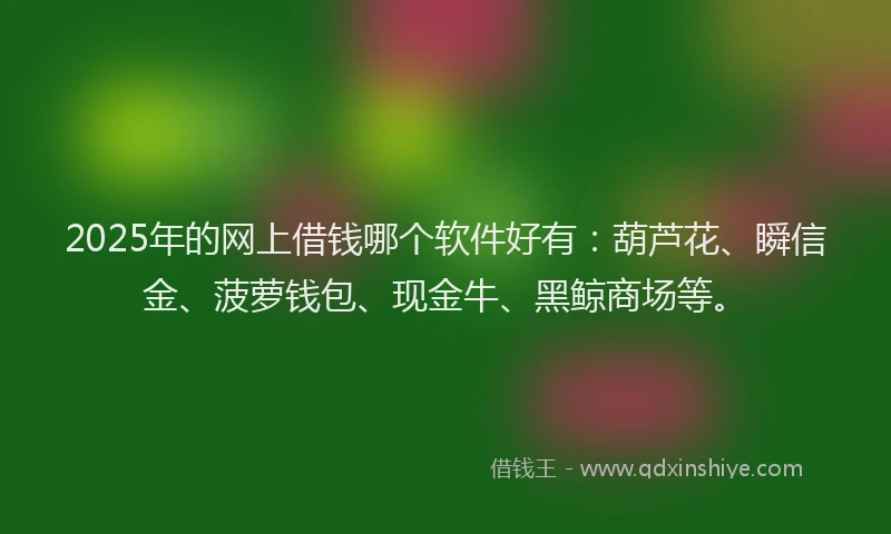 2025年的网上借钱哪个软件好有：葫芦花、瞬信金、菠萝钱包、现金牛、黑鲸商场等。