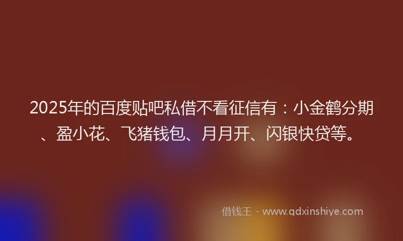 2025年的百度贴吧私借不看征信有：小金鹤分期、盈小花、飞猪钱包、月月开、闪银快贷等。