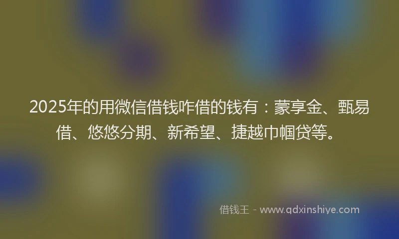 2025年的用微信借钱咋借的钱有：蒙享金、甄易借、悠悠分期、新希望、捷越巾帼贷等。